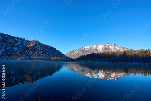 Panoramic view of the Offensee mountain river with an Alpine landscape, Upper Austria.