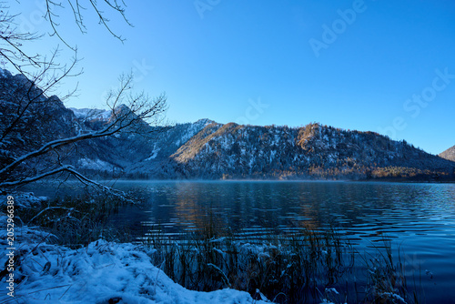 Panoramic view of the Offensee mountain river with an Alpine landscape, Upper Austria.