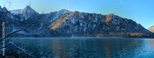 Panoramic view of the Offensee mountain river with an Alpine landscape, Upper Austria.