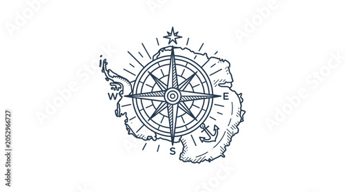 Bild auf Leinwand Compass Rose Overlayed on Antarctica Map Illustration.