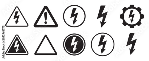 High voltage warning sign icon set, electrical hazard lightning bolt symbols for industrial safety caution danger alert and risk prevention