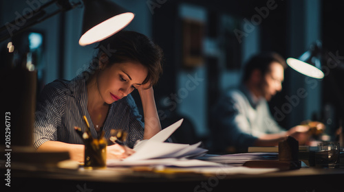 Woman working through a pile of contracts under warm desk lighting ,stressed office worker, night work, women writting on the document, one men sitting in the office at evening, sa