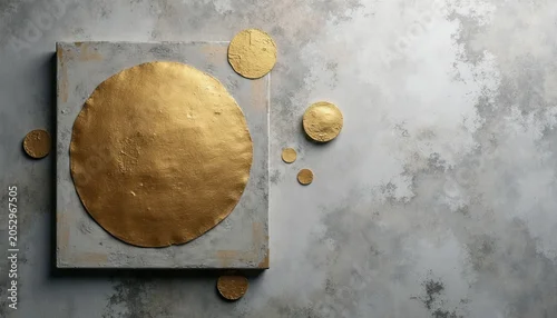 Panel kuchenny z motywem Abstract composition with textured gold circles on a matte grey square and textured background. Minimalist art elements with metallic sheen. Simple geometric shapes, modern decor.