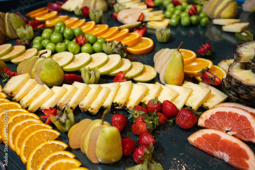 High Angle View of a Colorful Fruit Platter at a Catering Buffet