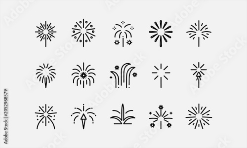 Black firework line art icon set vector illustration