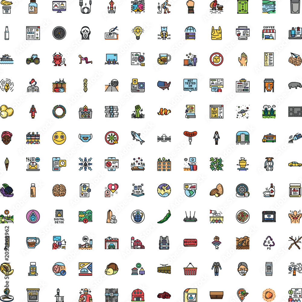 Naklejka premium Diverse collection of colorful flat design icons displaying various global themes, concepts, and aspects of everyday life, technology, environment, food, and communication on a white background