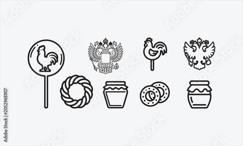 Photography Cockerel lollipop, National emblem of Russia, Russian bagels and Jar honey on bl