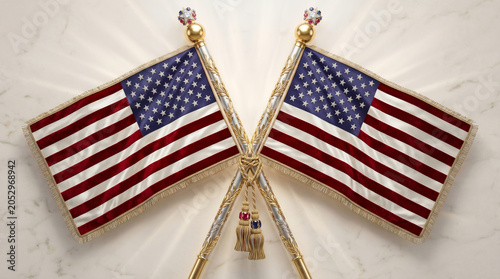 Crossed American Flags With Golden Accents Displayed Against A Marble Background