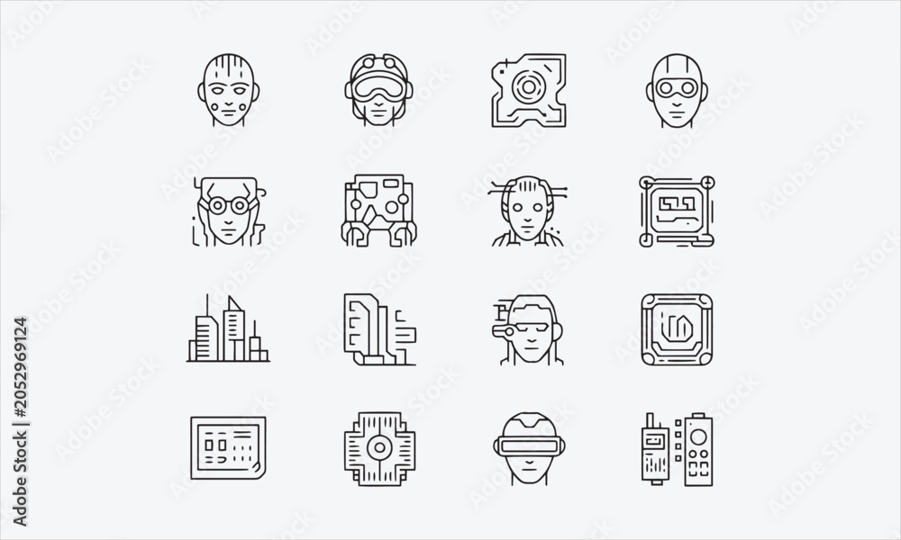 Fototapeta premium Cyberpunk line art icon set vector illustration