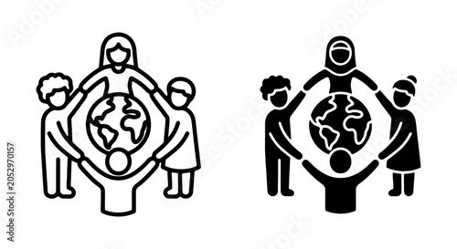 Diverse People Unite Around Globe, Global Community, Unity Icon Set