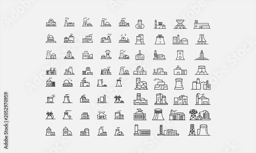 Rendering group of smr or small modular nuclear reactors power plant on white background footage. line art icon set vector illustration
