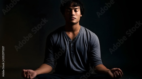 A focused portrait of a person in a simple shirt conveying a sense of calm and introspection through dramatic studio lighting