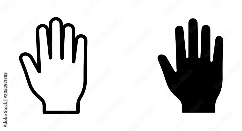 Fototapeta premium Hand Icons: Outline and Silhouette, Stop Sign, Open Palm Gesture, Vector Graphics