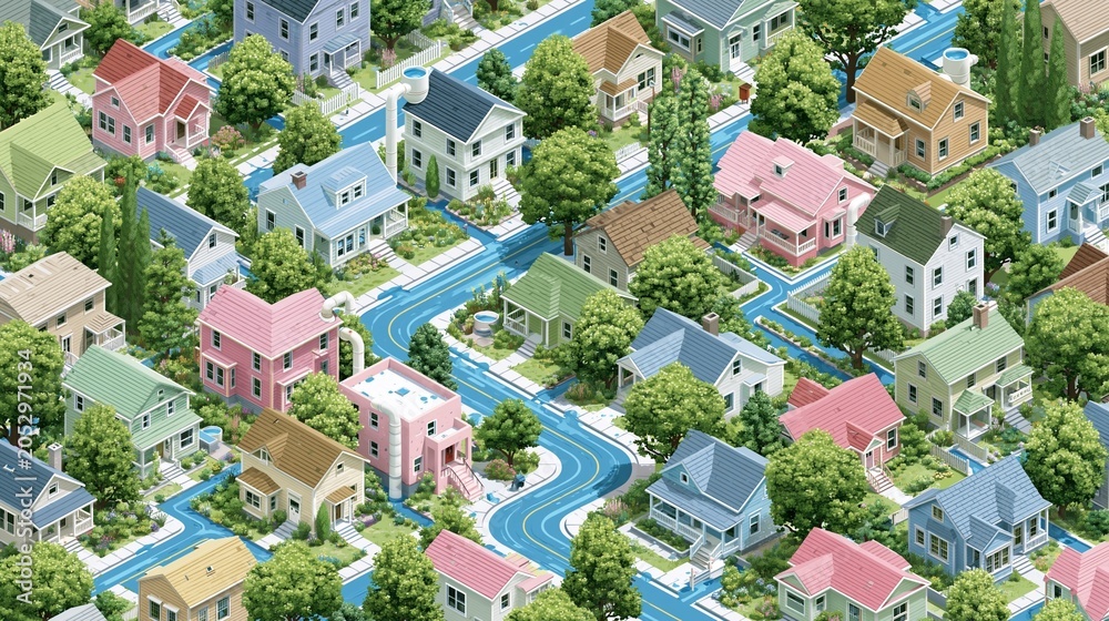 Fototapeta premium Isometric view of a compact suburban neighborhood highlighting blue bike lanes weaving through pastelcolored homes and lush trees with rainwater catchment systems in focus.