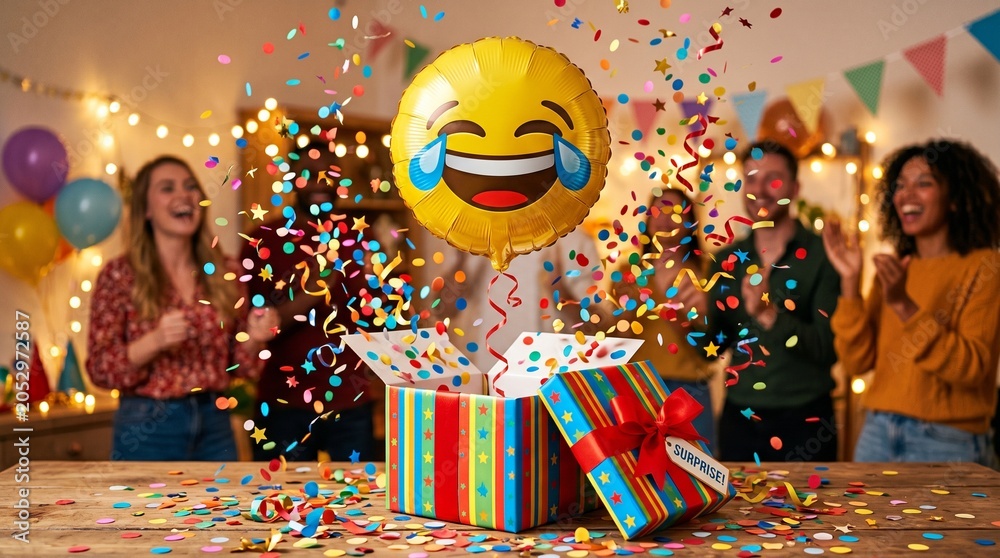 Fototapeta premium Laughing emoji party surprise, colorful confetti celebration, gift boxes, happy friends