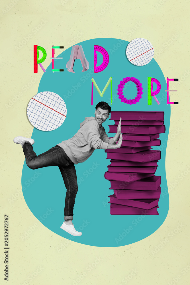 Obraz premium Pop image sketch 3d collage poster of happy girl guy stand book stack library education bookworm hobby university student learner