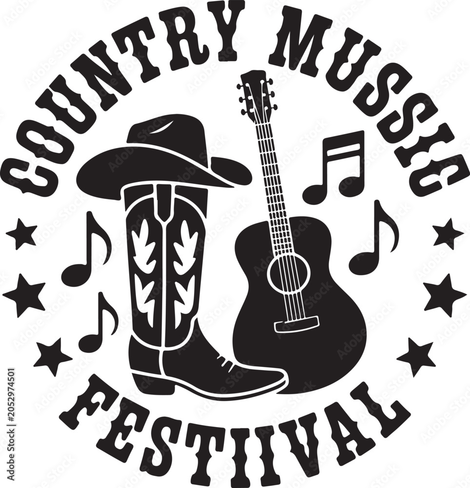 Naklejka premium Country music festival with a cowboy boot, hat, acoustic guitar, and musical notes in a circle des