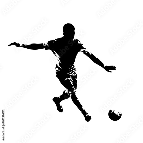 Footballer kicking ball, isolated vector illustration on white background. Soccer player in action, sport, movement and competition concept.