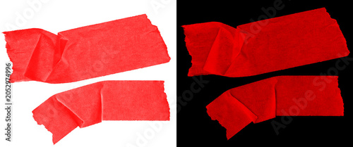 Foto Red duct tape strips with wrinkled texture, adhesive cloth tape pieces on white