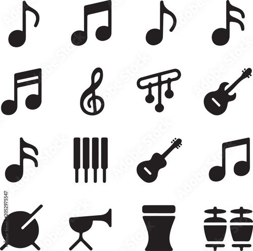 Tableau sur toile Musical icons collection features various notes and instrument silhouettes arranged in a grid to represent melodic arts, creative sound production, and rhythmic performance elements for digital