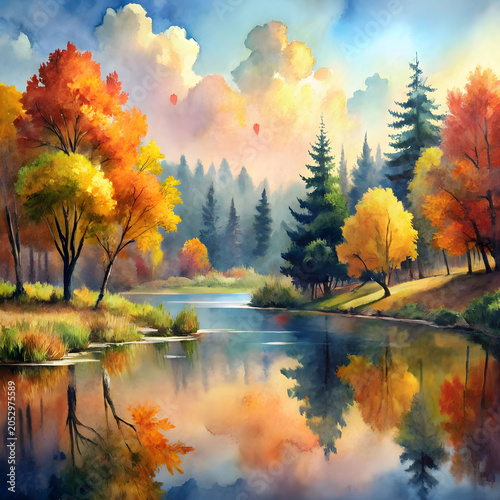 A watercolor landscape featuring a tranquil