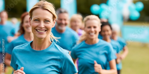 Smiling woman runs outdoors with friends in blue shirts