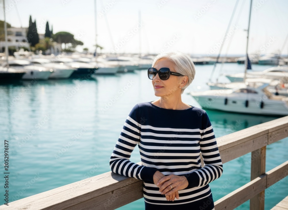 Fototapeta premium Person standing by marina railing with yachts in background