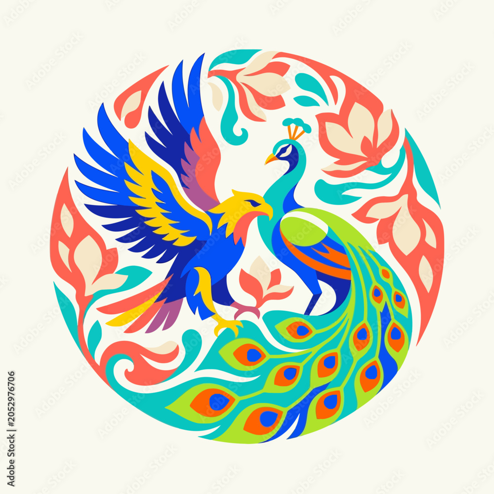 Fototapeta premium Peacock and eagle in a colorful round floral illustration.