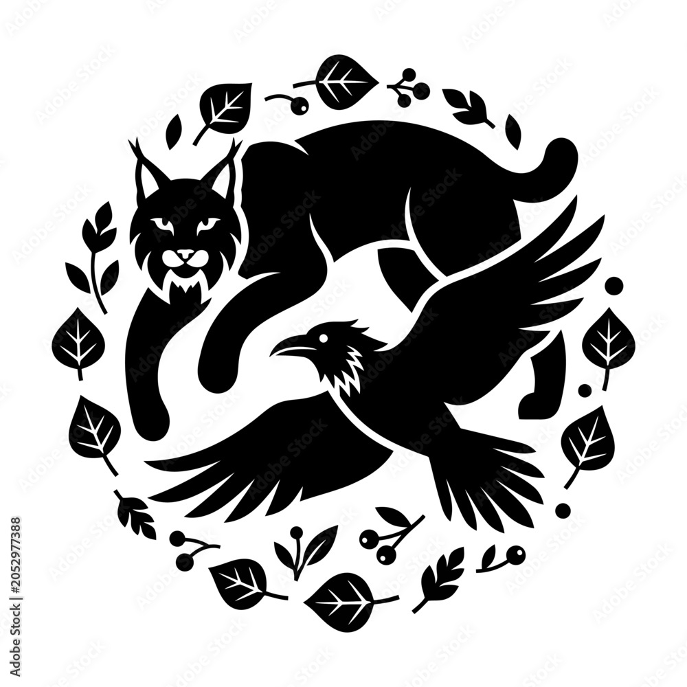 Obraz premium Black silhouette of lynx and raven in circular frame