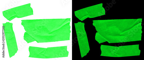 Bild auf Leinwand Neon green gaffer tape strips, vibrant fluorescent adhesive tape pieces on black