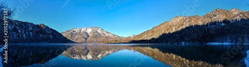 Panoramic view of the Offensee mountain river with an Alpine landscape, Upper Austria.