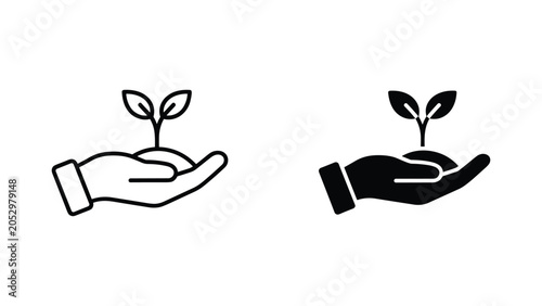Tableau sur toile Hand holding small green plant sprout icon vector set