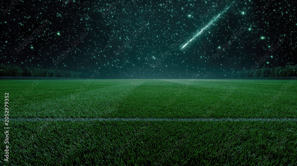 Obraz premium Majestic night sky filled with stars and a bright shooting star meteor falling over an empty green grass field soccer stadium field under a starry night celestial landscape backdrop