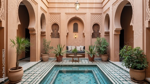 A traditional courtyard with a turquoise water fountain and ornamental tiles is ideal for architectural photography.