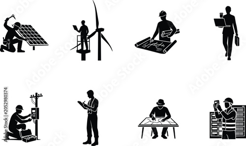 Foto Black Silhouette Collection of Engineers Technicians Renewable Energy and Constr