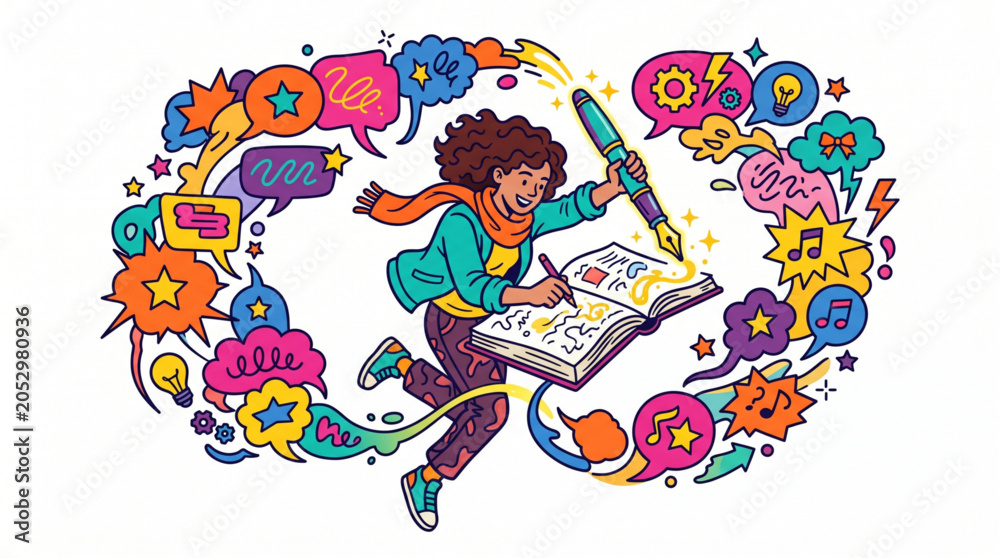 Naklejka premium Creative Young Woman Journaling and Drawing in Notebook Surrounded by Vibrant Symbols of Inspiration and Artistic Imagination Concept Illustration