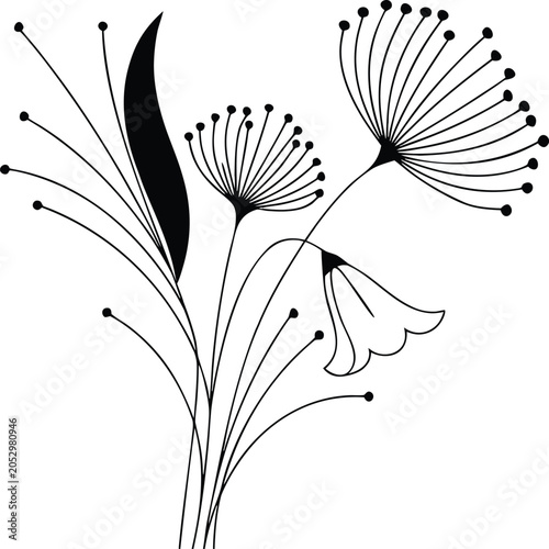 Canvastavla Wildflower bouquet illustration with dandelion seeds and bell flower line art