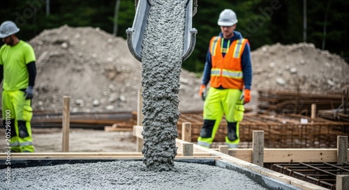 Construction site workers pouring concrete for building foundation