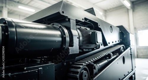 Industrial construction machinery close up view of a large black machine with gears and motor in a warehouse setting