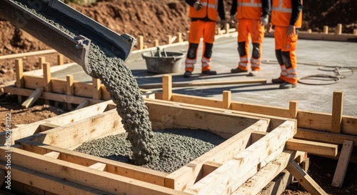Concrete pouring for foundation construction workers building a slab on a construction site