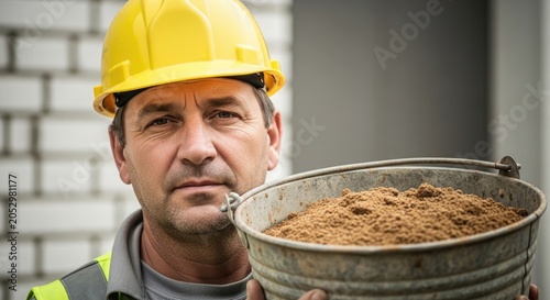 Construction worker with a bucket of sand on a building site