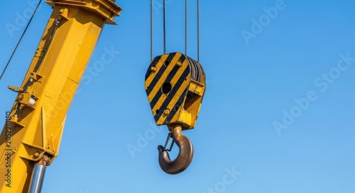 Construction crane hook and boom in action for heavy lifting