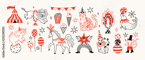 Simple naive circus animals and elements illustration set. Lion, horse, tiger, seal. Amusement park, party. Doodle simple cartoon funny contour line style. Logo, branding, icon, print, tattoo.