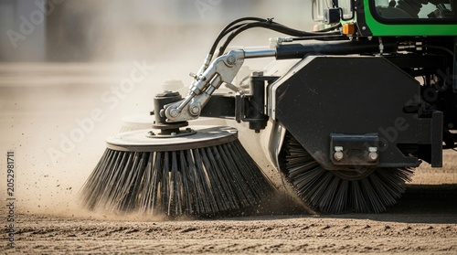 Street sweeper in action cleaning road surface with industrial brush