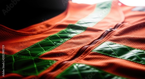 Vibrant orange and green cycling vest with reflective accents for enhanced visibility during construction and roadwork