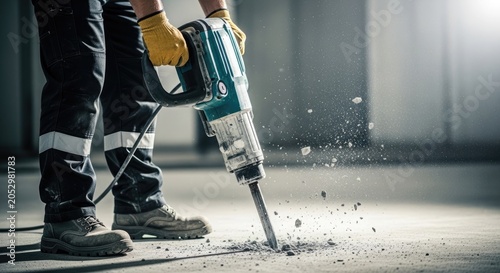 Construction worker using a jackhammer for demolition or renovation work on a building site