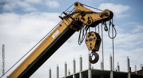 Heavy duty construction crane with hook and cables building site infrastructure and industrial machinery