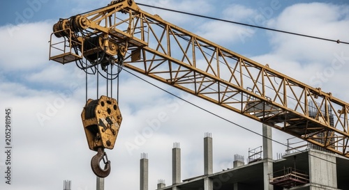 Construction crane in action at building site with concrete columns