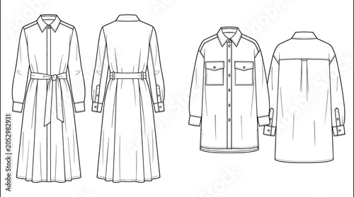 Foto Technical fashion sketches of a belted midi shirt dress and an oversized long-sleeve utility shirt for women