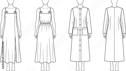Bild auf Leinwand Technical fashion sketches of women's dresses, featuring a camisole style with bows and a button-front coat dress